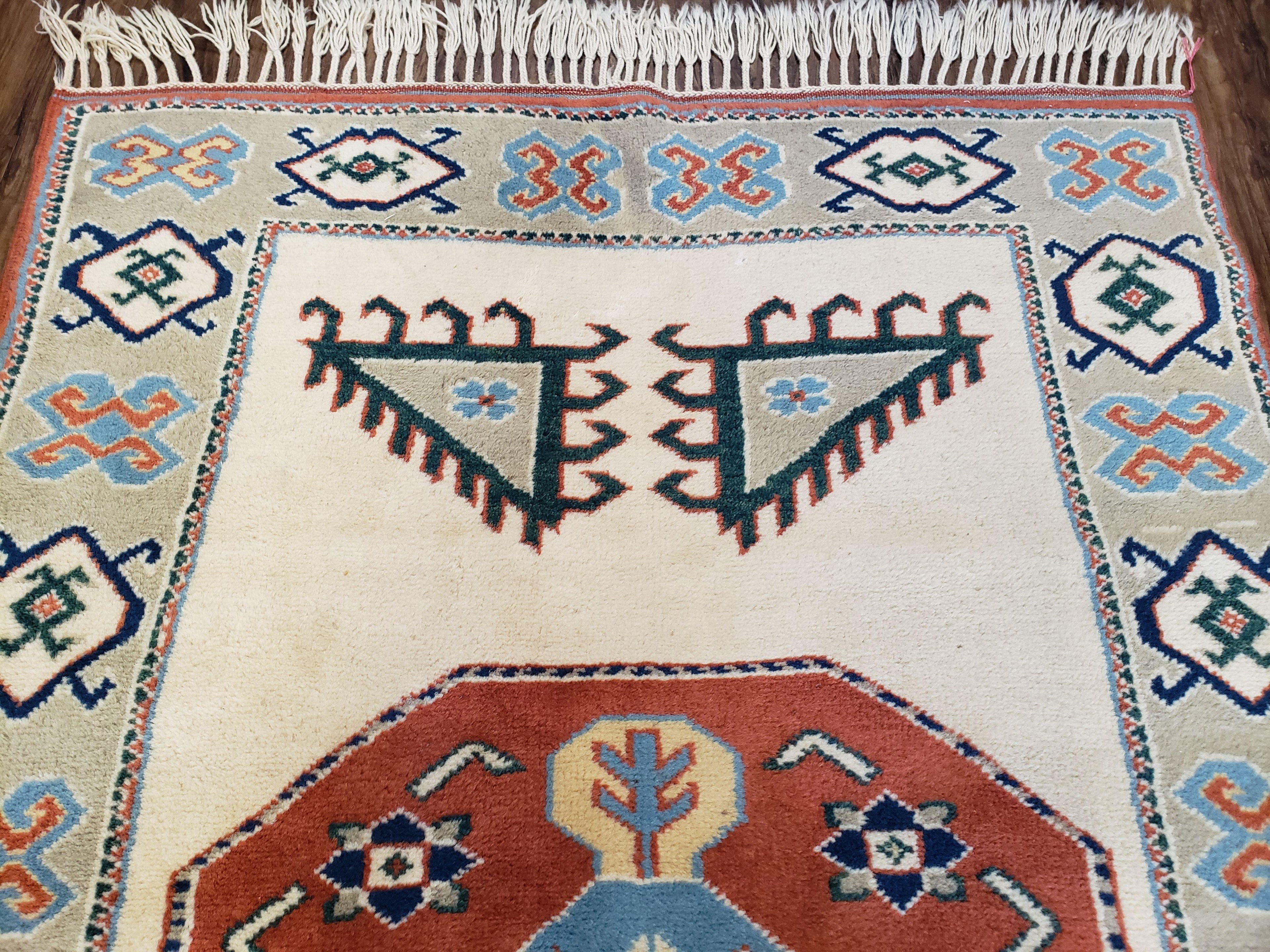 Vintage Turkish Rug 4x6, Beige Red Gray Carpet, Caucasian Design, Tribal Rug, Hand-Knotted, Boho Rug, Bohemian Home Decor